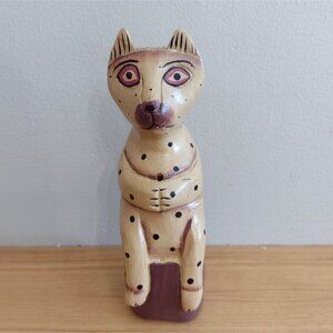Vintage Hand Painted Polka Wooden Cat Figurine Incense Holder Folk Art